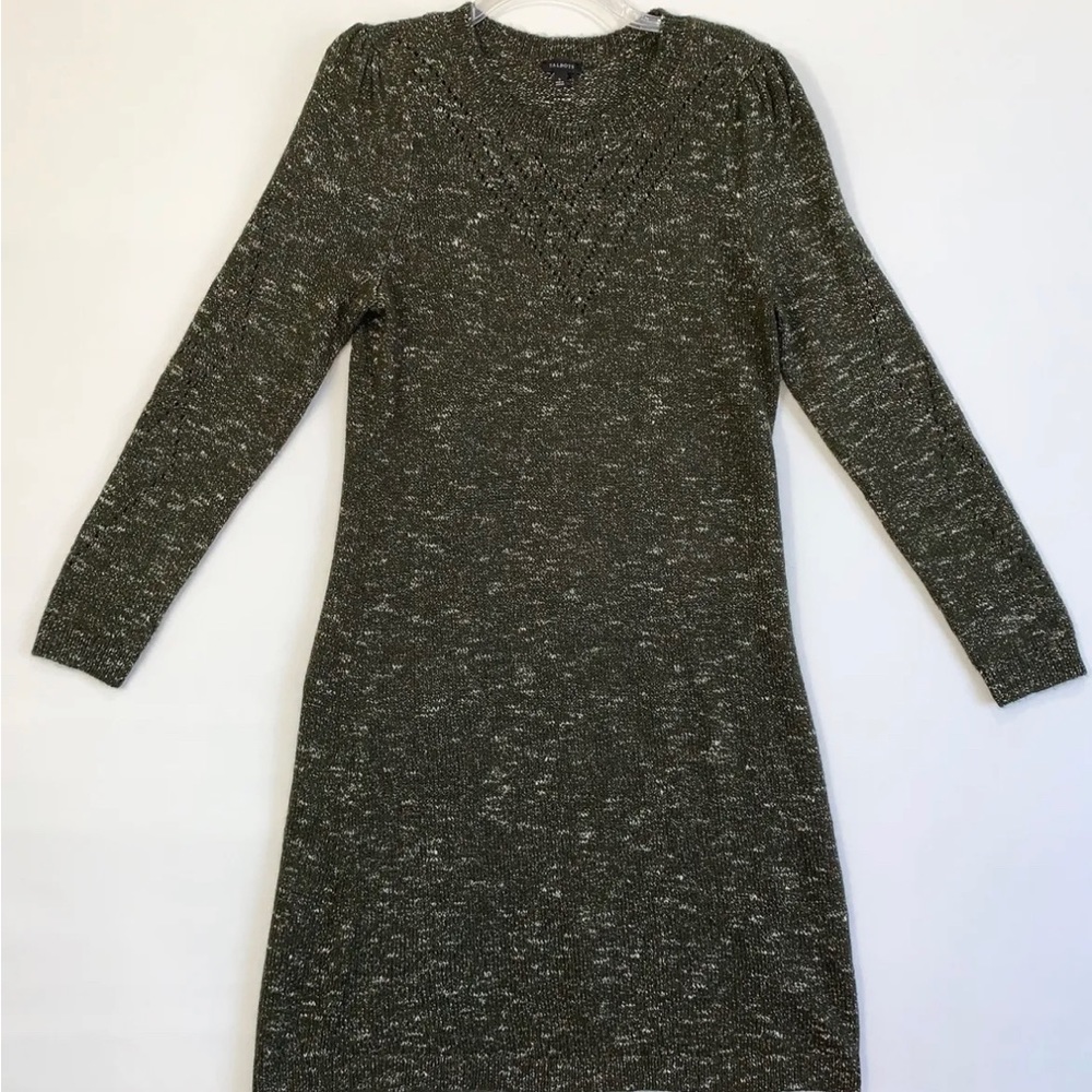 Talbots Marled Sheath Sweater Dress Midi Dk Olive Open Knit Accent Womens